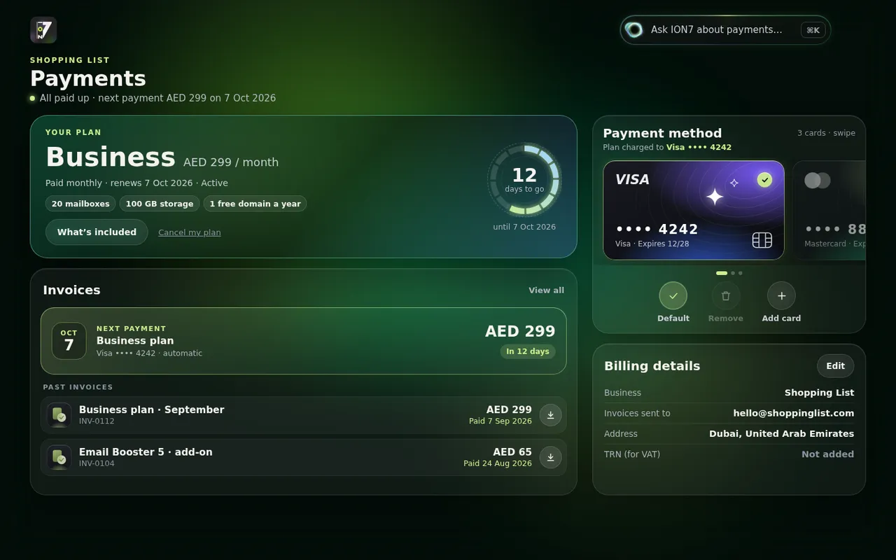 ION7 payments page with plan, invoices and card details